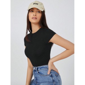 SHEIN BASICS Solid Slim Tee Bodysuit Cap Sleeve