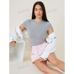 SHEIN BASICS Solid Slim Tee Bodysuit Cap Sleeve