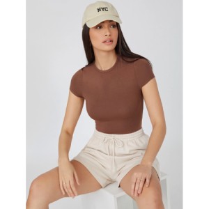 SHEIN BASICS Solid Slim Tee Bodysuit Cap Sleeve