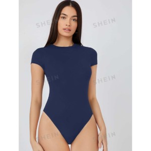 SHEIN BASICS Solid Slim Tee Bodysuit Cap Sleeve