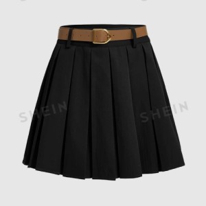 SHEIN MOD Solid Pleated Belted Belt Decoration Short Skirt