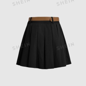 SHEIN MOD Solid Pleated Belted Belt Decoration Short Skirt