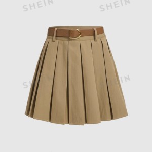 SHEIN MOD Solid Pleated Belted Belt Decoration Short Skirt