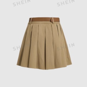 SHEIN MOD Solid Pleated Belted Belt Decoration Short Skirt