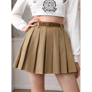 SHEIN MOD Solid Pleated Belted Belt Decoration Short Skirt