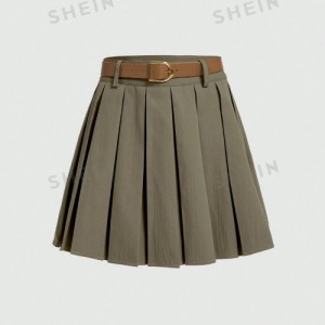 SHEIN MOD Solid Pleated Belted Belt Decoration Short Skirt