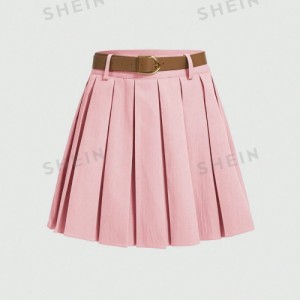 SHEIN MOD Solid Pleated Belted Belt Decoration Short Skirt