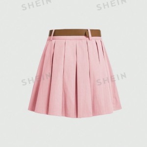 SHEIN MOD Solid Pleated Belted Belt Decoration Short Skirt