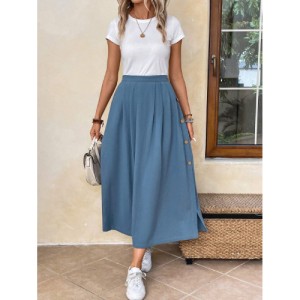 SHEIN EMERY ROSE High Waist Button Side Fold Pleated Detail Skirt