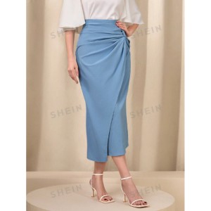 SHEIN Modely Twist Front Wrap Hem Solid Skirt