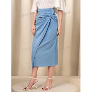 SHEIN Modely Twist Front Wrap Hem Solid Skirt