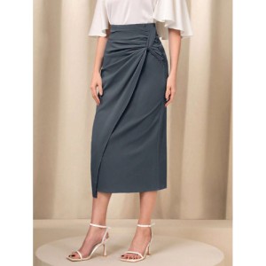 SHEIN Modely Twist Front Wrap Hem Solid Skirt