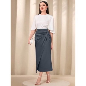 SHEIN Modely Twist Front Wrap Hem Solid Skirt