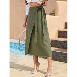 SHEIN Modely Twist Front Wrap Hem Solid Skirt