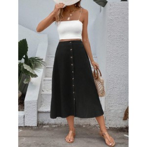 SHEIN VCAY Women's Single-Breasted Skirt Midi Length