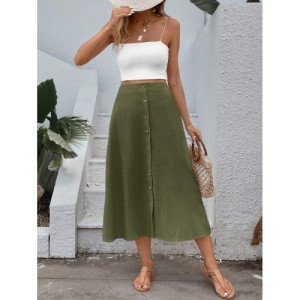 SHEIN VCAY Women's Single-Breasted Skirt Midi Length