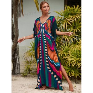 SHEIN Tie Dye Split Hem Cover-Up House V-Neck Kaftan Dress Vacation