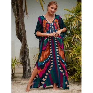 SHEIN Tie Dye Split Hem Cover-Up House V-Neck Kaftan Dress Vacation