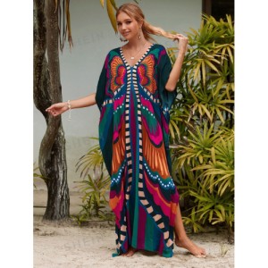 SHEIN Tie Dye Split Hem Cover-Up House V-Neck Kaftan Dress Vacation