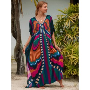 SHEIN Tie Dye Split Hem Cover-Up House V-Neck Kaftan Dress Vacation