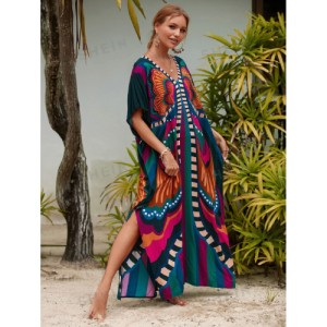 SHEIN Tie Dye Split Hem Cover-Up House V-Neck Kaftan Dress Vacation