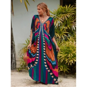 SHEIN Tie Dye Split Hem Cover-Up House V-Neck Kaftan Dress Vacation