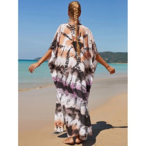 SHEIN Tie Dye Split Hem Cover-Up House V-Neck Kaftan Dress Vacation