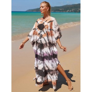 SHEIN Tie Dye Split Hem Cover-Up House V-Neck Kaftan Dress Vacation