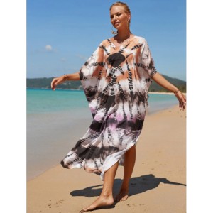 SHEIN Tie Dye Split Hem Cover-Up House V-Neck Kaftan Dress Vacation