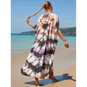 SHEIN Tie Dye Split Hem Cover-Up House V-Neck Kaftan Dress Vacation