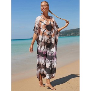 SHEIN Tie Dye Split Hem Cover-Up House V-Neck Kaftan Dress Vacation