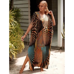 SHEIN Tie Dye Split Hem Cover-Up House V-Neck Kaftan Dress Vacation