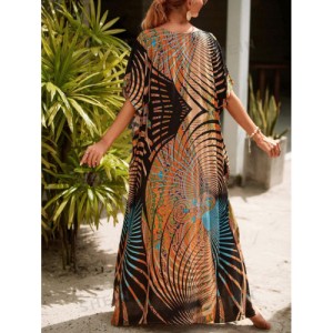 SHEIN Tie Dye Split Hem Cover-Up House V-Neck Kaftan Dress Vacation