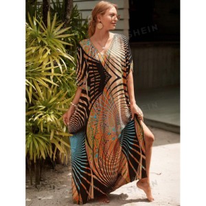 SHEIN Tie Dye Split Hem Cover-Up House V-Neck Kaftan Dress Vacation