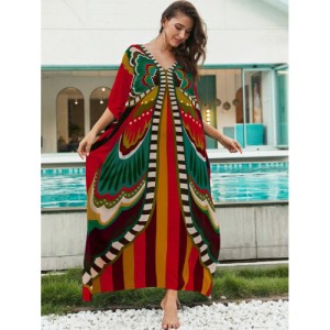 SHEIN Tie Dye Split Hem Cover-Up House V-Neck Kaftan Dress Vacation