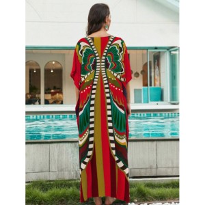 SHEIN Tie Dye Split Hem Cover-Up House V-Neck Kaftan Dress Vacation