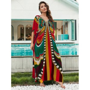 SHEIN Tie Dye Split Hem Cover-Up House V-Neck Kaftan Dress Vacation