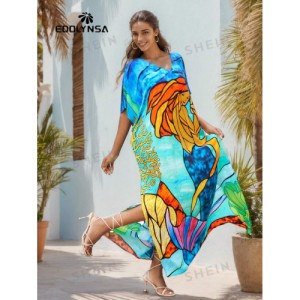 SHEIN Tie Dye Split Hem Cover-Up House V-Neck Kaftan Dress Vacation