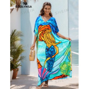 SHEIN Tie Dye Split Hem Cover-Up House V-Neck Kaftan Dress Vacation