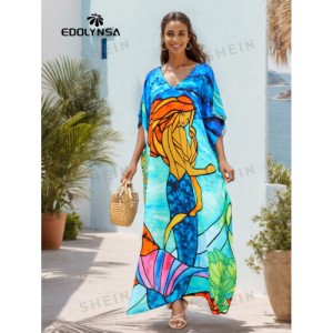 SHEIN Tie Dye Split Hem Cover-Up House V-Neck Kaftan Dress Vacation