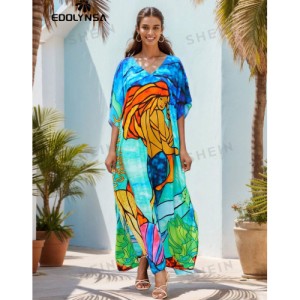 SHEIN Tie Dye Split Hem Cover-Up House V-Neck Kaftan Dress Vacation