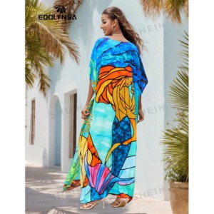 SHEIN Tie Dye Split Hem Cover-Up House V-Neck Kaftan Dress Vacation