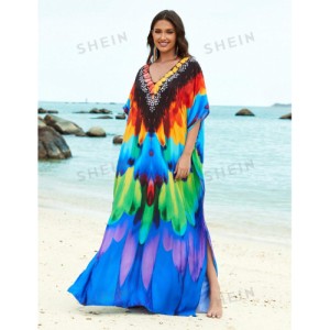 SHEIN Tie Dye Split Hem Cover-Up House V-Neck Kaftan Dress Vacation