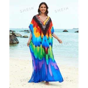 SHEIN Tie Dye Split Hem Cover-Up House V-Neck Kaftan Dress Vacation