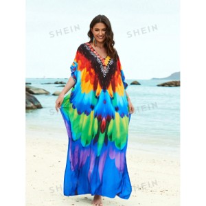 SHEIN Tie Dye Split Hem Cover-Up House V-Neck Kaftan Dress Vacation