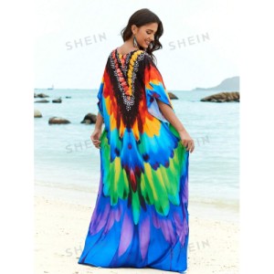 SHEIN Tie Dye Split Hem Cover-Up House V-Neck Kaftan Dress Vacation