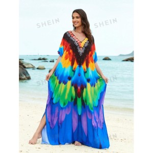 SHEIN Tie Dye Split Hem Cover-Up House V-Neck Kaftan Dress Vacation