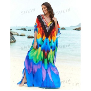 SHEIN Tie Dye Split Hem Cover-Up House V-Neck Kaftan Dress Vacation