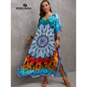 SHEIN Tie Dye Split Hem Cover-Up House V-Neck Kaftan Dress Vacation