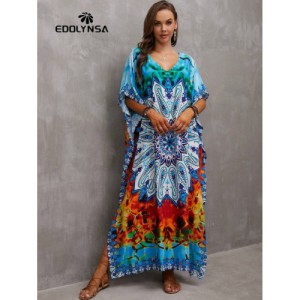 SHEIN Tie Dye Split Hem Cover-Up House V-Neck Kaftan Dress Vacation